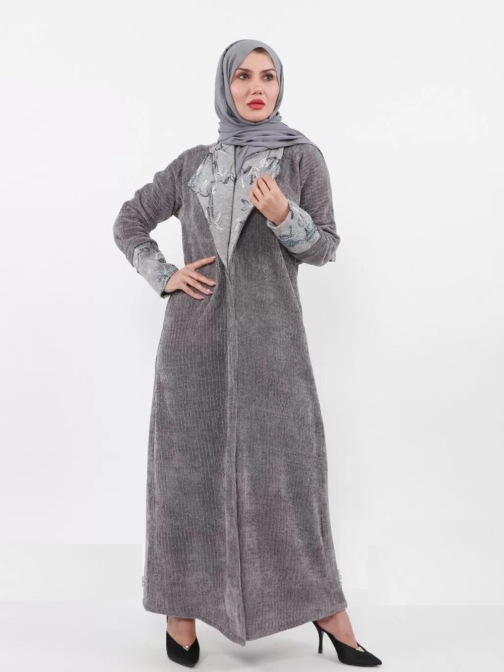 Elegant Gray Modest Abaya Coat Long Sleeve Open Front Maxi Dress for Women